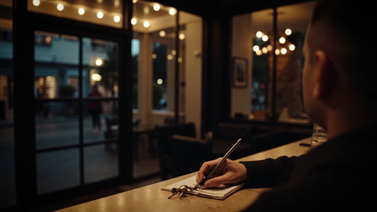 A warmly lit independent hotel front desk at dusk with a guest book and room keys on the counter, viewed through a window.