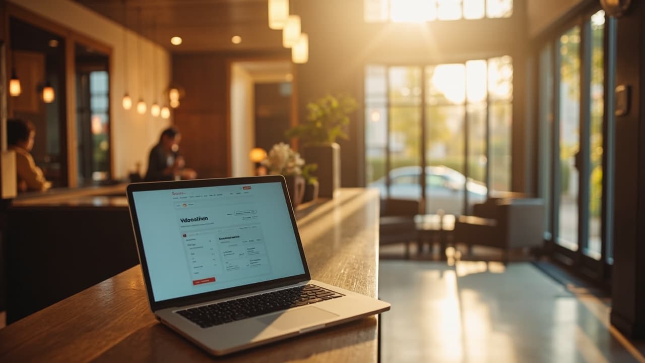 Independent hotel reception with a booking interface and a calm guest lounge in warm natural light