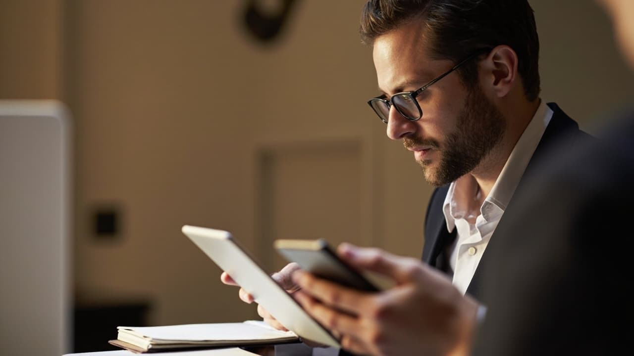 Small hotel owner at reception desk reviewing notes, phone and laptop, considering which AI tools to keep or replace