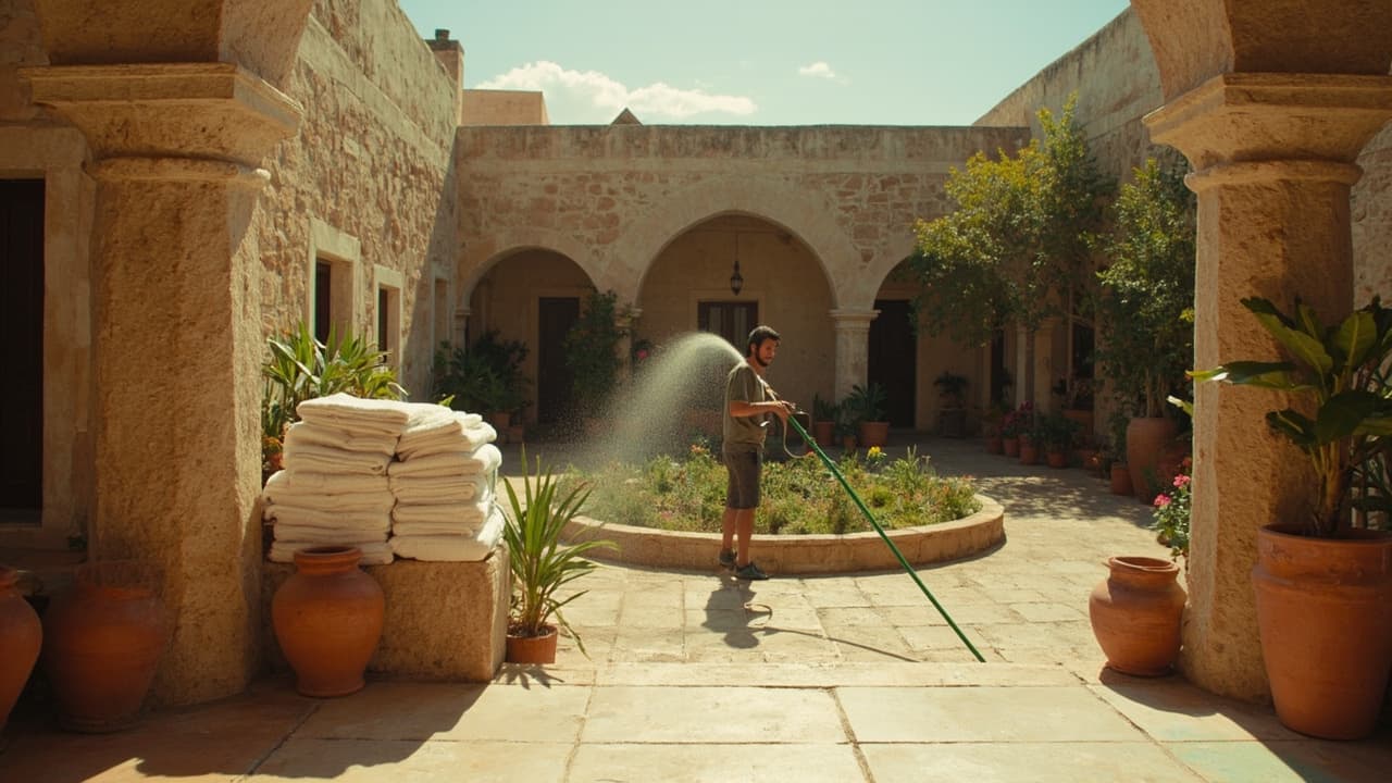A sunlit courtyard of a small independent hotel in a dry climate, with a gardener watering potted herbs near stacked white towels, illustrating the water story in hospitality.