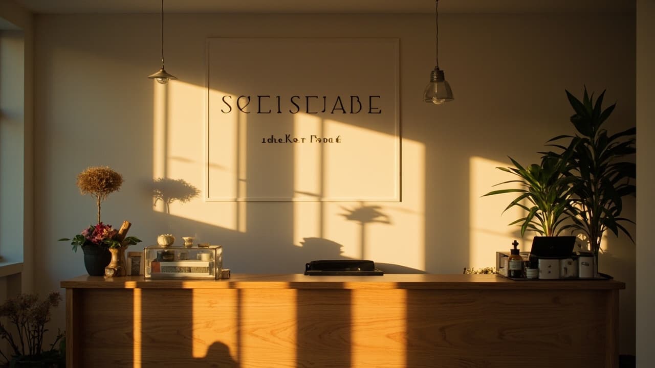 Calm small hotel reception with a simple wooden desk, warm natural light, and understated decor