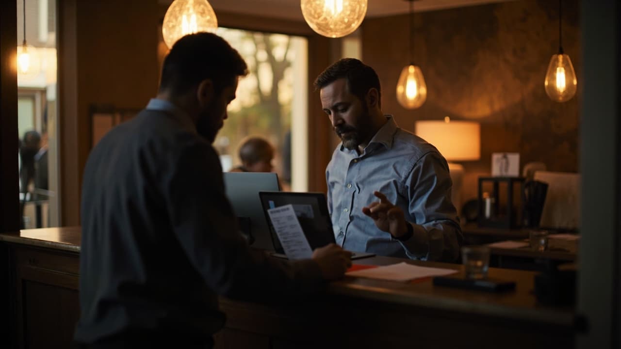 Manager reviewing hotel pricing information at a small independent property